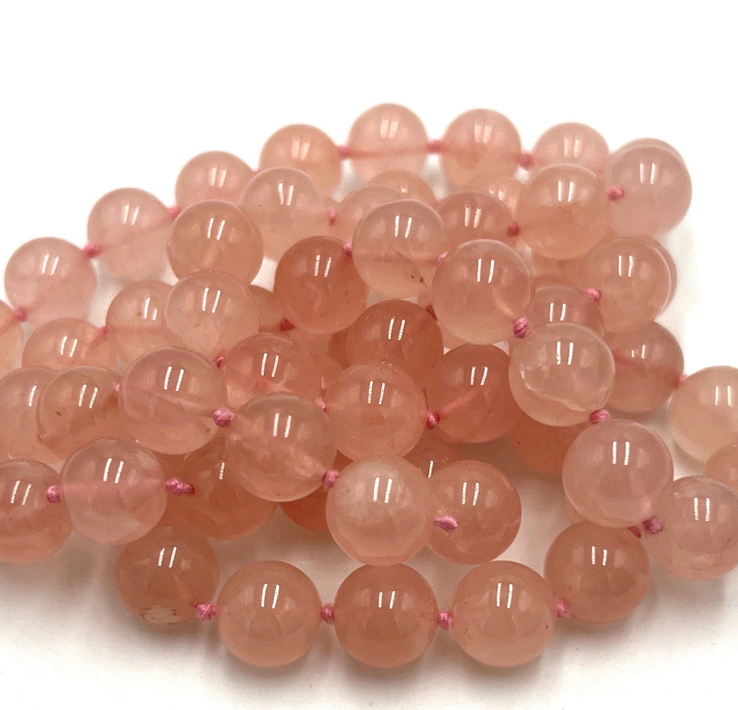 Vintage Chinese Export Rose Quartz Hand Knotted 10mm Beaded 30” Necklace