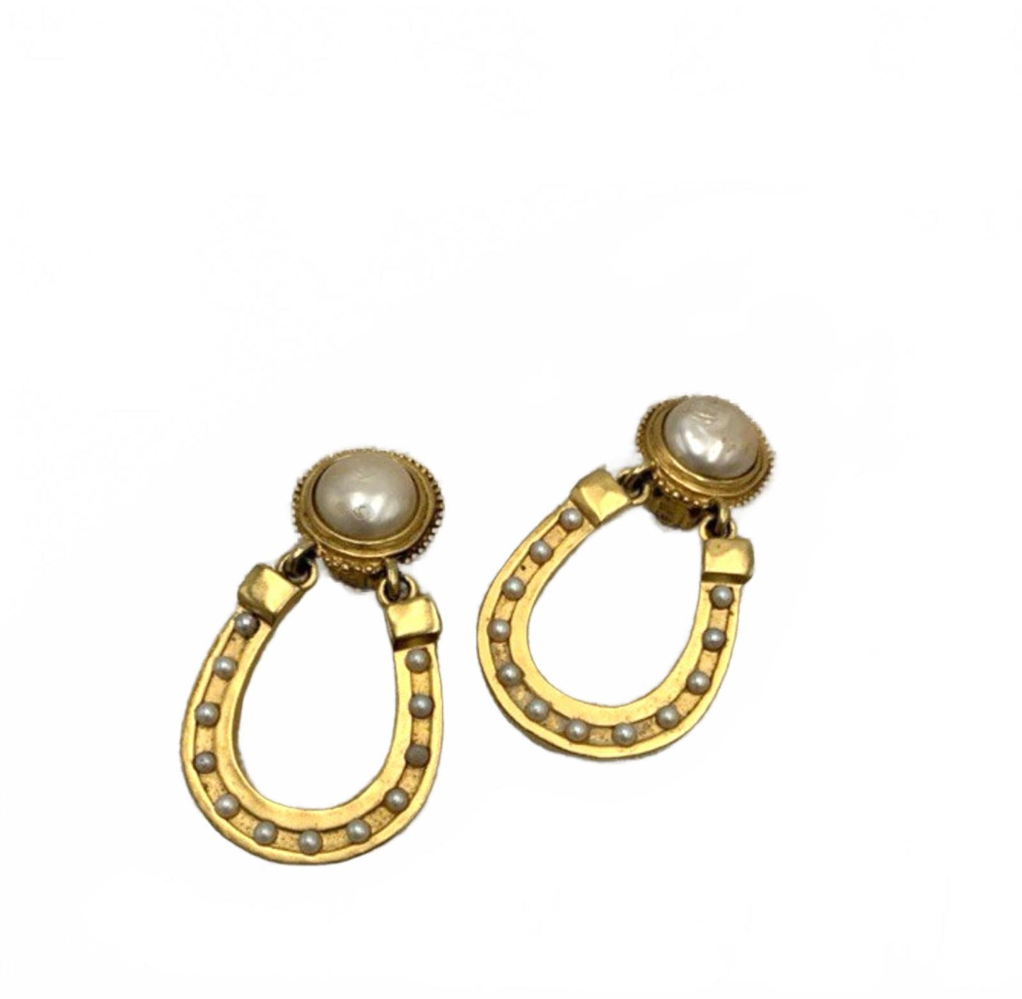 Vintage Karl Lagerfeld Gold Tone Faux Pearl Horseshoe Door Knockers Earrings