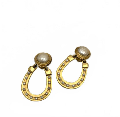 Vintage Karl Lagerfeld Gold Tone Faux Pearl Horseshoe Door Knockers Earrings