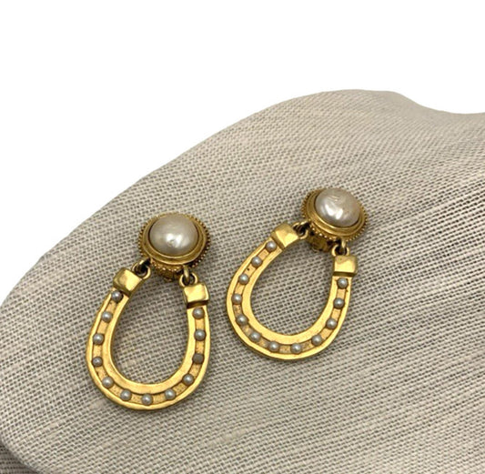 Vintage Karl Lagerfeld Gold Tone Faux Pearl Horseshoe Door Knockers Earrings