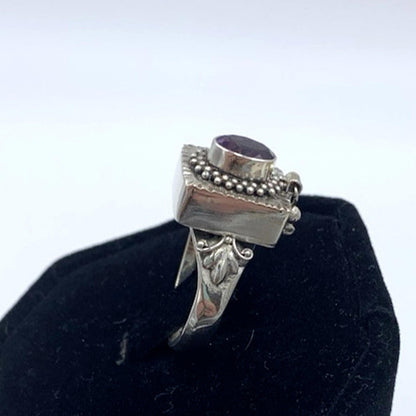 Vintage Art Deco Amethyst Poison Pill Pull Out Drawer Box Sterling Silver Ring