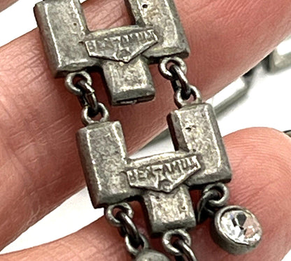 Ben Amun Set Art Deco Style Dangle Earrings & Necklace Rhinestone Silver Tone