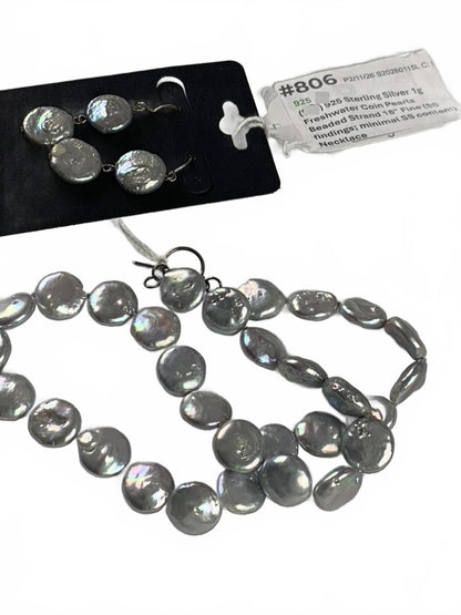 Sterling Silver Freshwater Coin Pearls Beaded Strand Earrings & Necklace