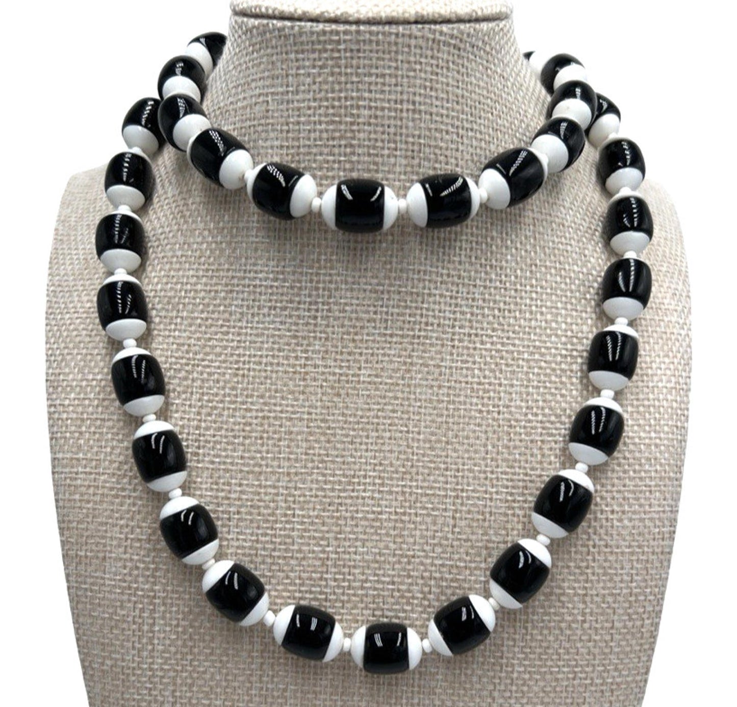 Vintage Miriam Haskell White Black Milk Glass Bead Necklace RARE 28"