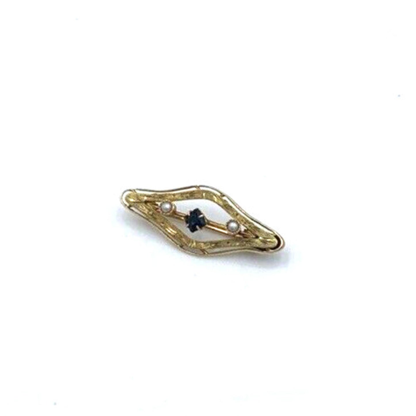 Victorian 10K Gold Seed Pearl Blue Stone Etched Bar Brooch