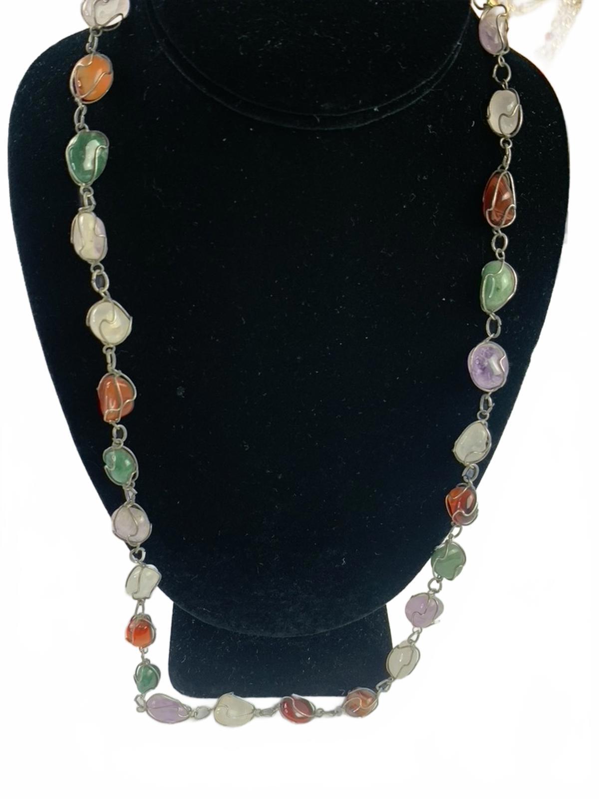 Unsigned Silvertone Multistone amethyst agate aventurine Geometric Necklace