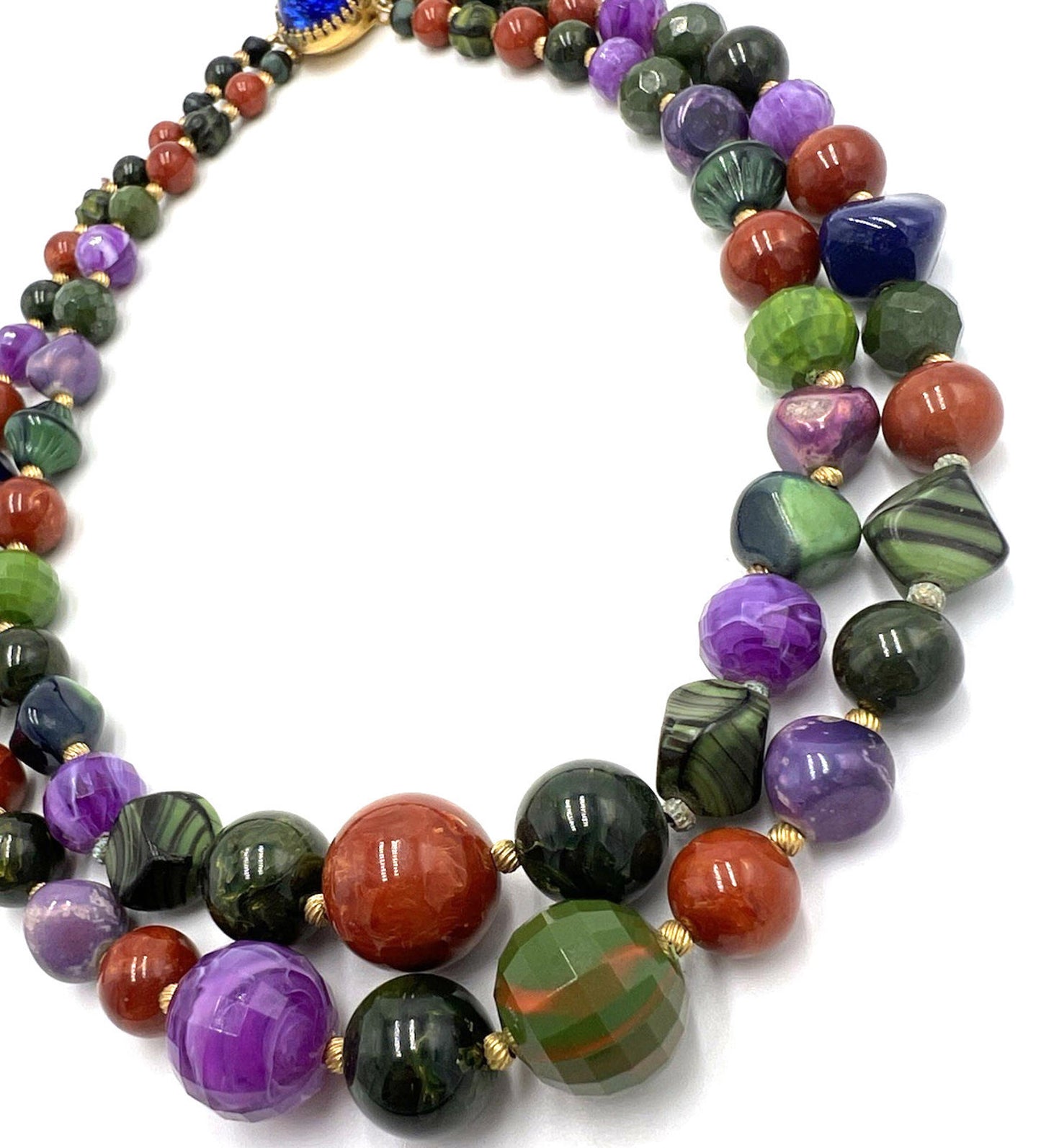 Set Hattie Carnegie Necklace Earrings Vintage Two Strand Faux Malachite Amethyst