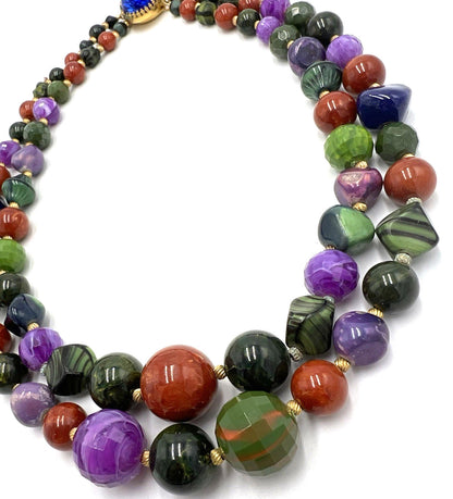 Set Hattie Carnegie Necklace Earrings Vintage Two Strand Faux Malachite Amethyst