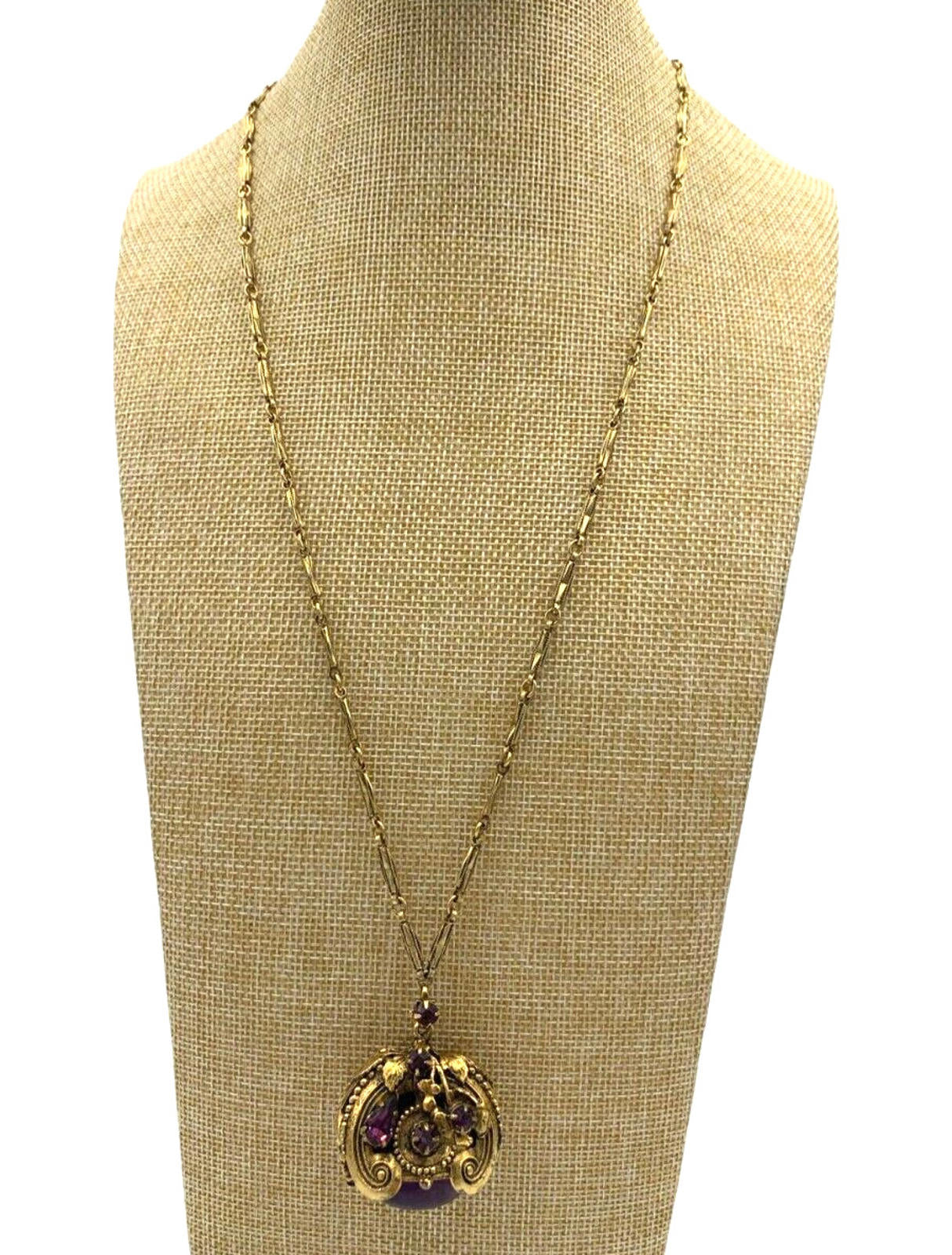 Vintage Victorian Revival Genuine Large Amethyst Cabochon Gold Tone Necklace 25"