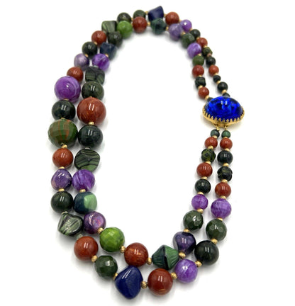 Set Hattie Carnegie Necklace Earrings Vintage Two Strand Faux Malachite Amethyst