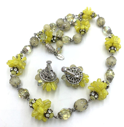 Vintage Vendome Set Yellow Glass Bead Cluster AB Necklace & Earrings Rare OOAK
