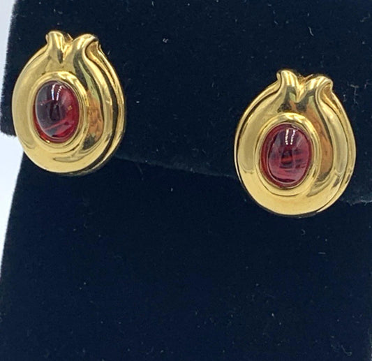 Vintage Fendi Gold Plated Red Gripoix Glass Cabochon Pierced Earrings