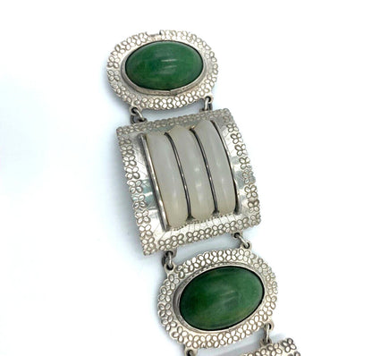 Vintage Artisan Handcrafted Sterling Silver Quartz Nephrite Wide Bracelet Mexico