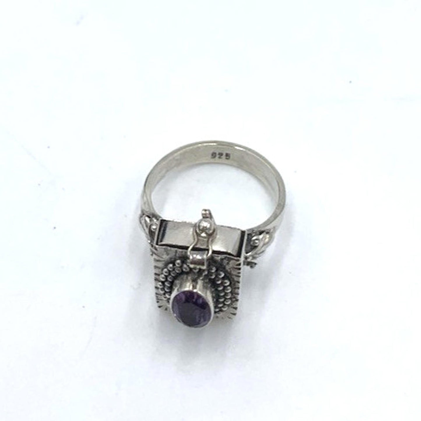 Vintage Art Deco Amethyst Poison Pill Pull Out Drawer Box Sterling Silver Ring