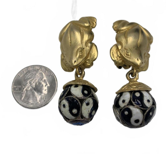 Rare Glenn Miller for Anne Turk Tree Frog Yin-Yang Cloisonné Dangle Earrings