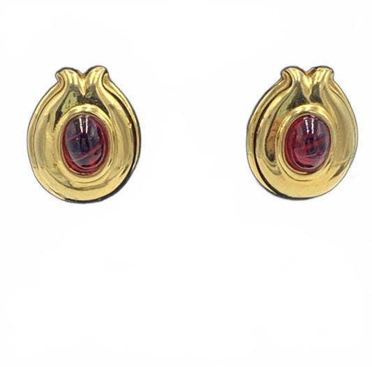 Vintage Fendi Gold Plate Red Gripoix "Artichoke" Glass Cabuchon Pierced Earrings