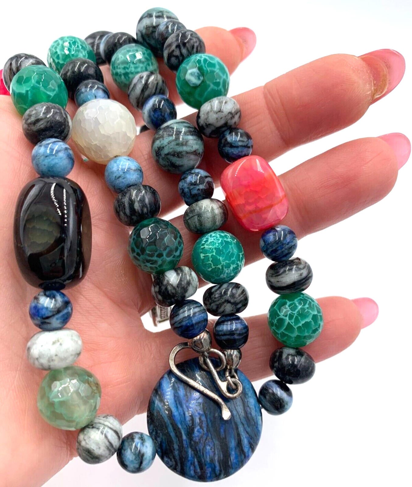 DTR Jay King Multicolor Dyed Agate Mixed Shapes Beaded Sterling Silver Necklace