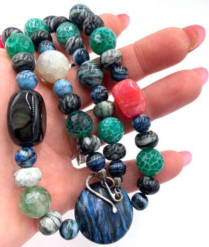 DTR Jay King Multicolor Dyed Agate Mixed Shapes Beaded Sterling Silver Necklace