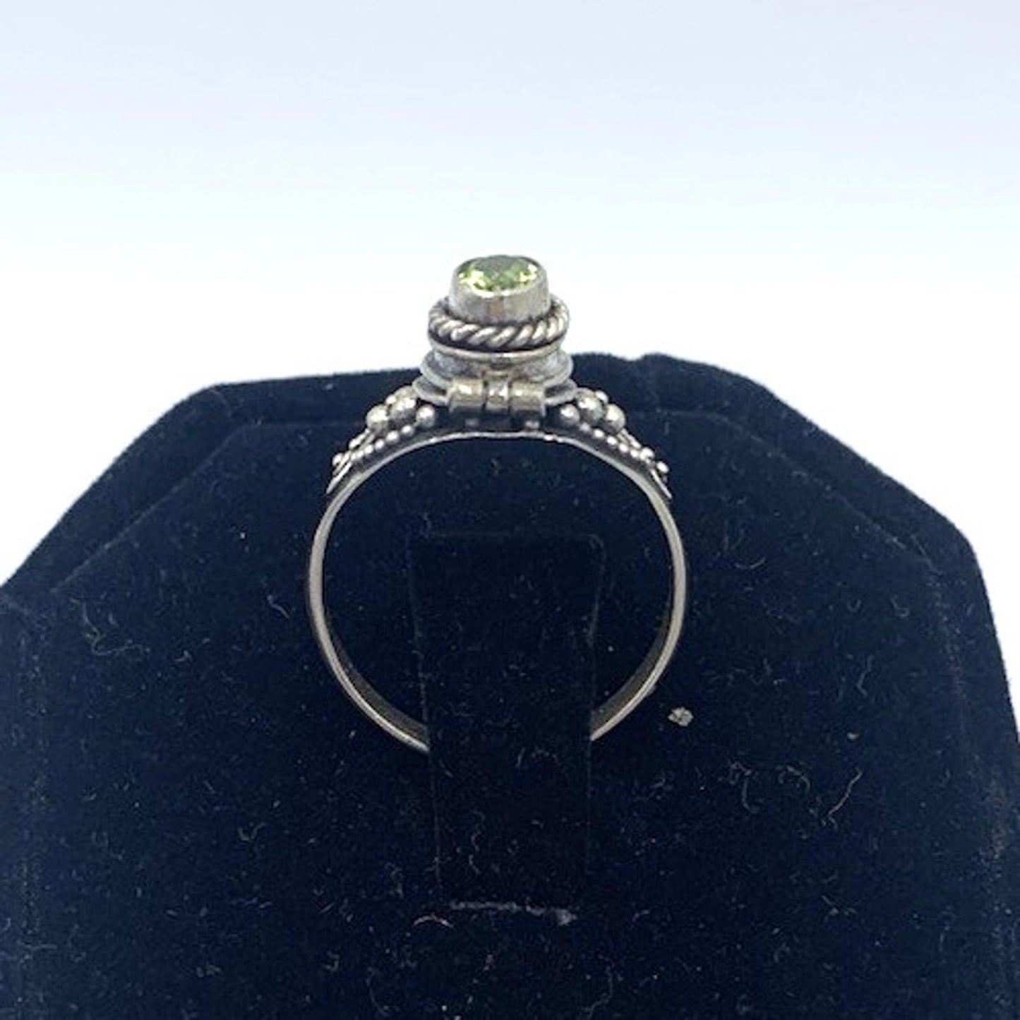 Vintage Aer Deco Style Peridot Poison Pill Box Hinged Sterling Silver Ring 6.75