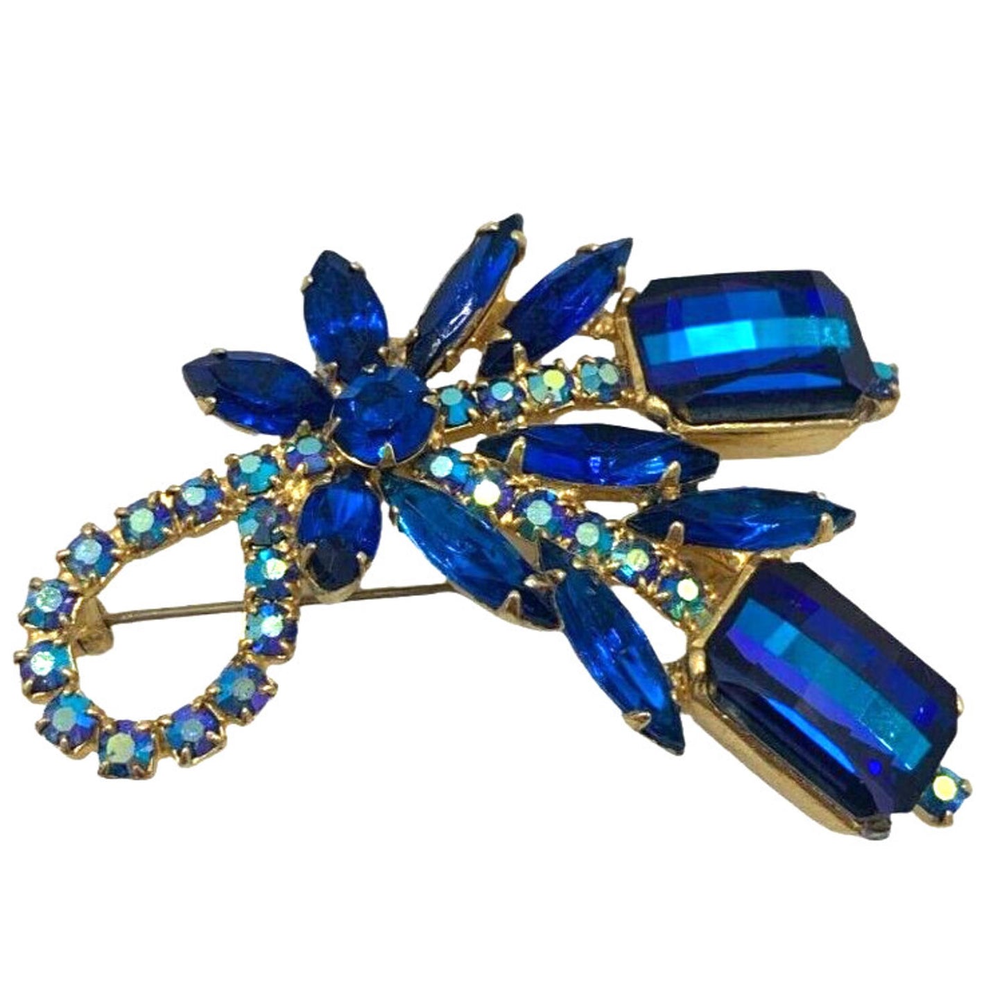 Verified Juliana Book Piece Faceted Blue Rhinestone Gold Tone Brooch Rare