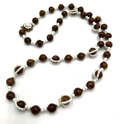 Vintage Miriam Haskell Bead Necklace Glass Brown And White Wrap Around BOX CLASP