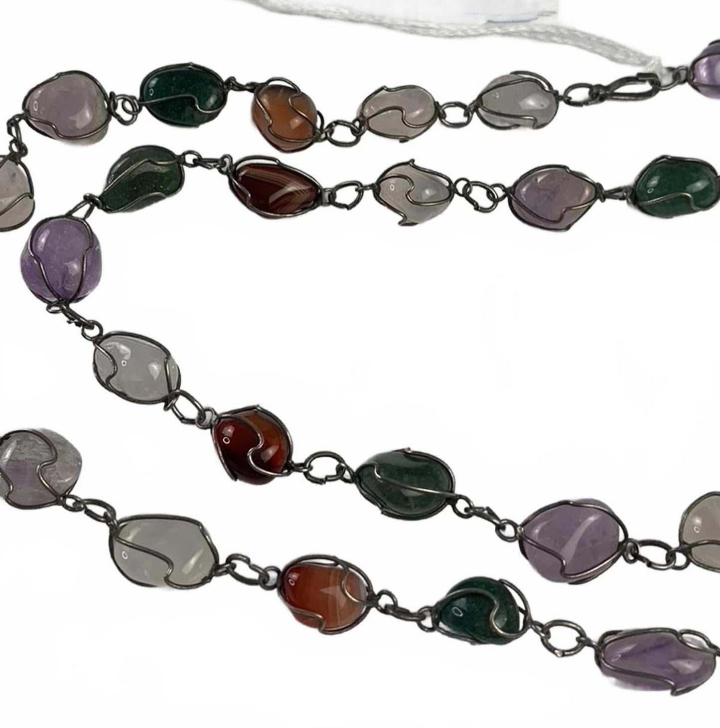 Unsigned Silvertone Multistone amethyst agate aventurine Geometric Necklace