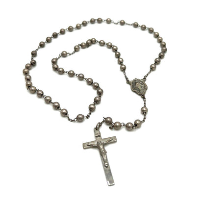 VINTAGE DIROMA Ball Bead Sterling Silver Rosary Crucifix Mary Medal Necklace