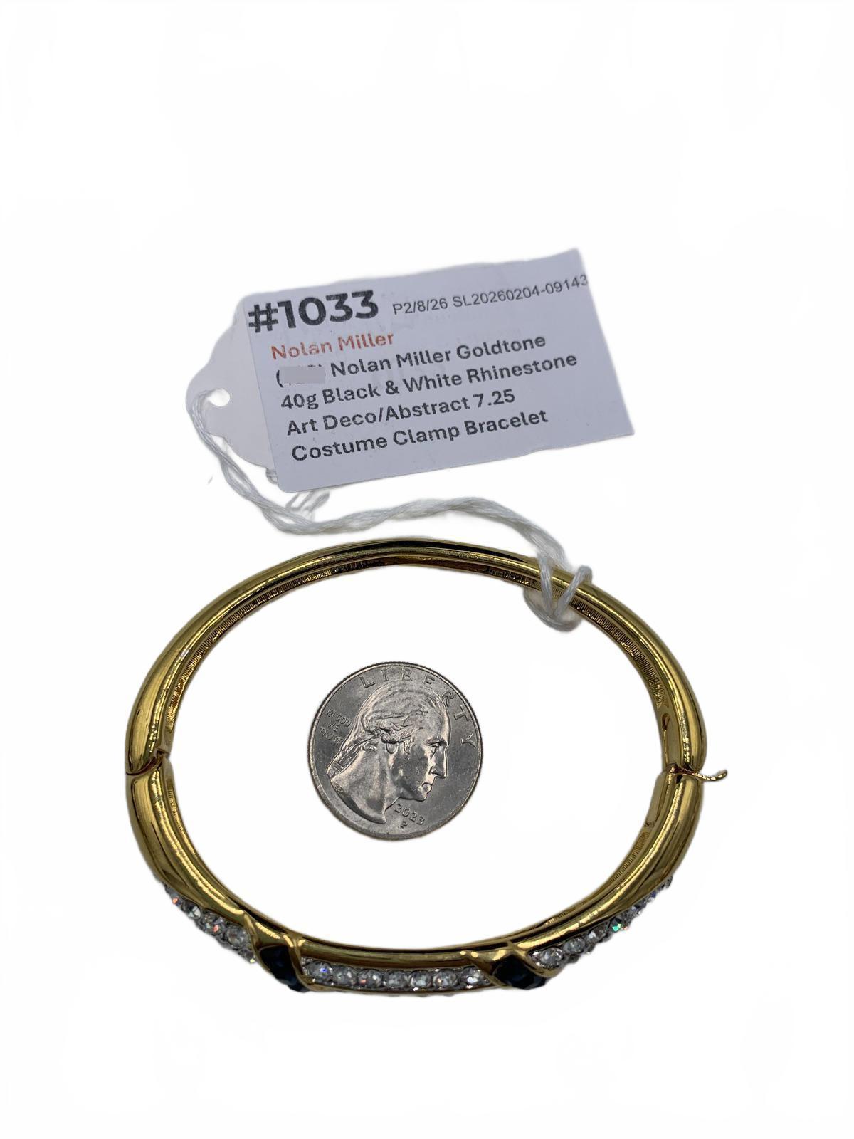 Nolan Miller Goldtone Black & White Rhinestone Art Deco/Abstract Clamp Bracelet
