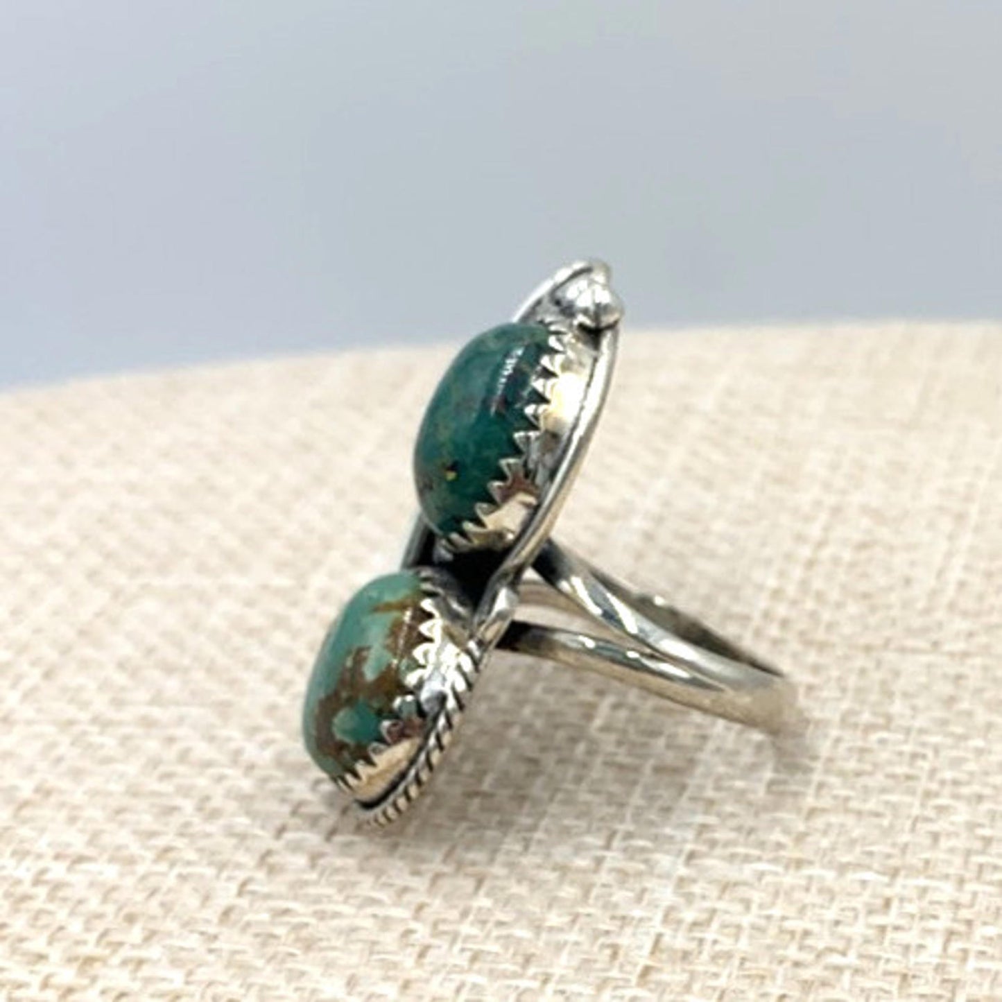 New Old Stock Native American Navajo Sterling Silver Double Green Turquoise Ring
