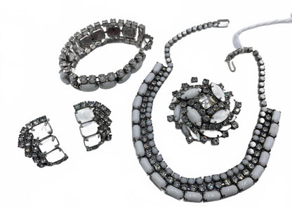 Silvertone Milk glass Parure 4-pc Set (necklace, bracelet, earrings, brooch)