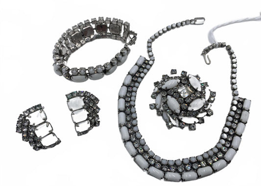 Silvertone Milk glass Parure 4-pc Set (necklace, bracelet, earrings, brooch)