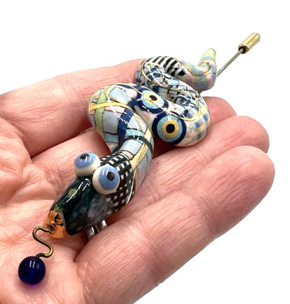 Cynthia Chuang Unsigned Porcelain Checkered Whimsical Snake Large Stick Pin