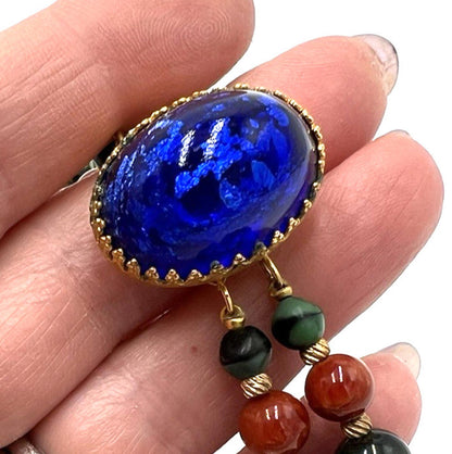 Set Hattie Carnegie Necklace Earrings Vintage Two Strand Faux Malachite Amethyst