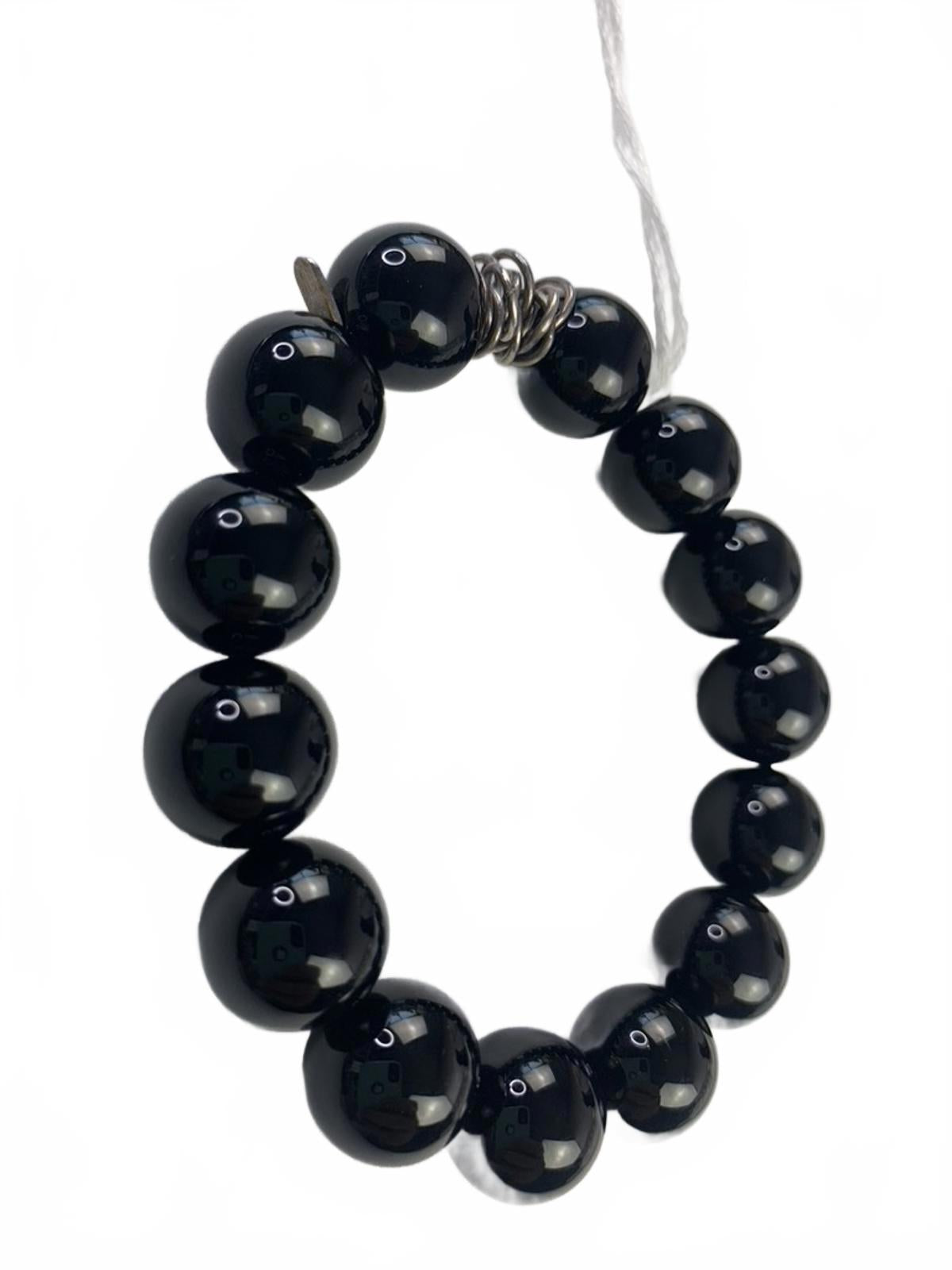 925 W (Whiting) China Sterling Silver Black Onyx 2cm Beaded Stretch Bracelet