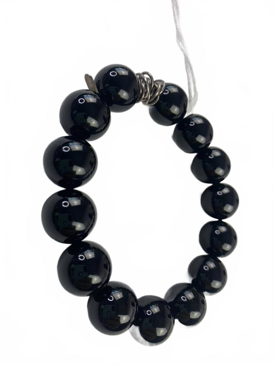 925 W (Whiting) China Sterling Silver Black Onyx 2cm Beaded Stretch Bracelet