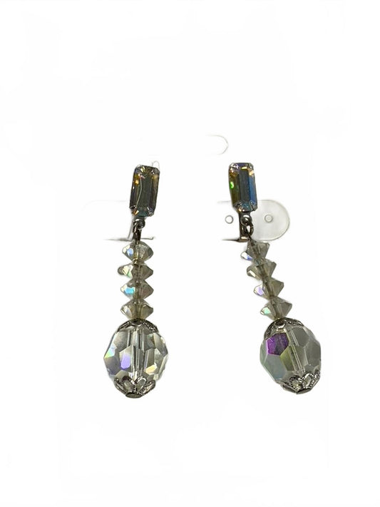 Louis Segal California Silvertone Aurora Borealis Dangles Clip-On Earrings