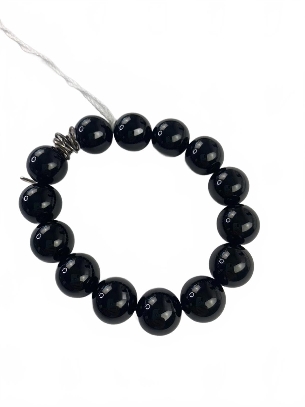 925 W (Whiting) China Sterling Silver Black Onyx 2cm Beaded Stretch Bracelet