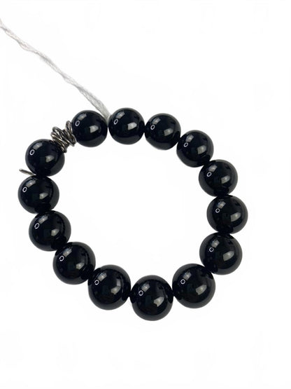 925 W (Whiting) China Sterling Silver Black Onyx 2cm Beaded Stretch Bracelet