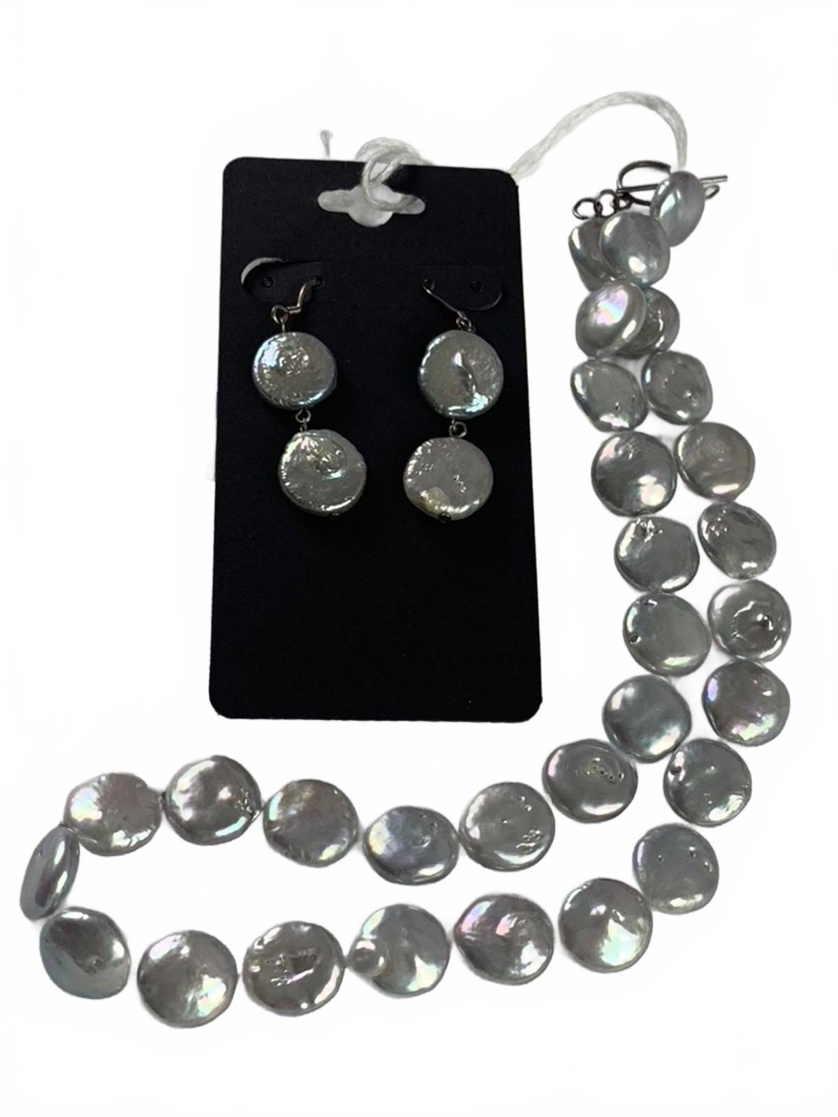Sterling Silver Freshwater Coin Pearls Beaded Strand Earrings & Necklace