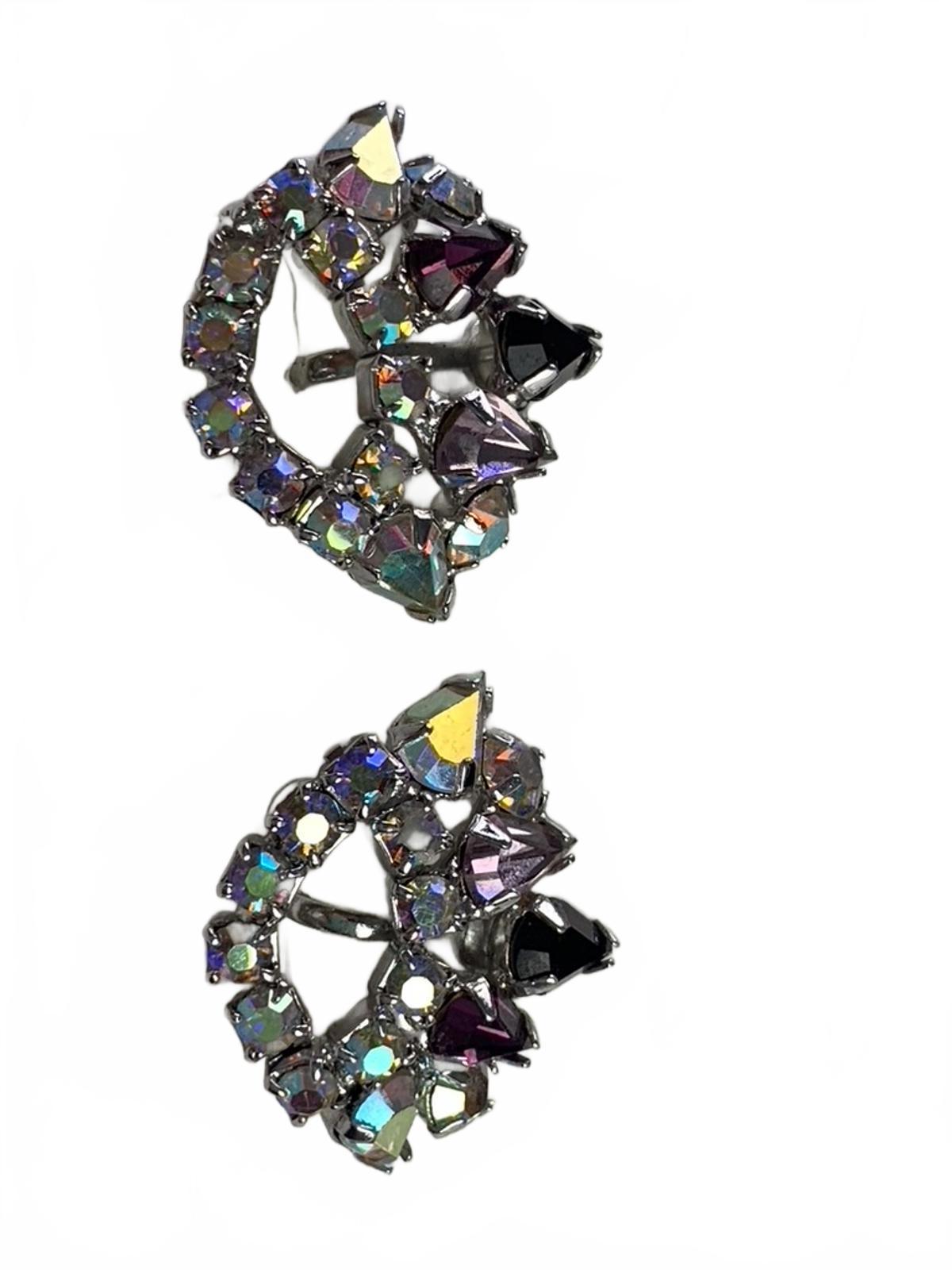 Silvertone Purple and Aurora Borealis Rhinestone Crown Screw-Down Earrings