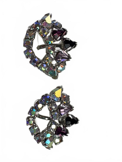 Silvertone Purple and Aurora Borealis Rhinestone Crown Screw-Down Earrings