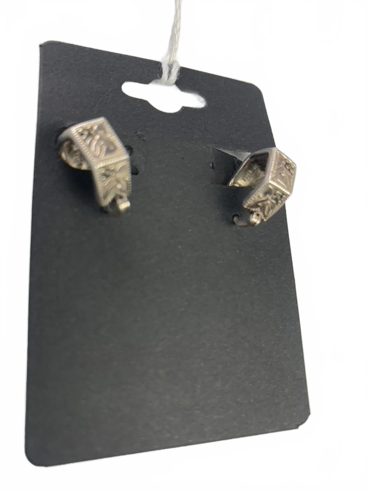 925 Thailand Sterling Silver Marcasite Hexagonal Carved Post/Clamp Earrings