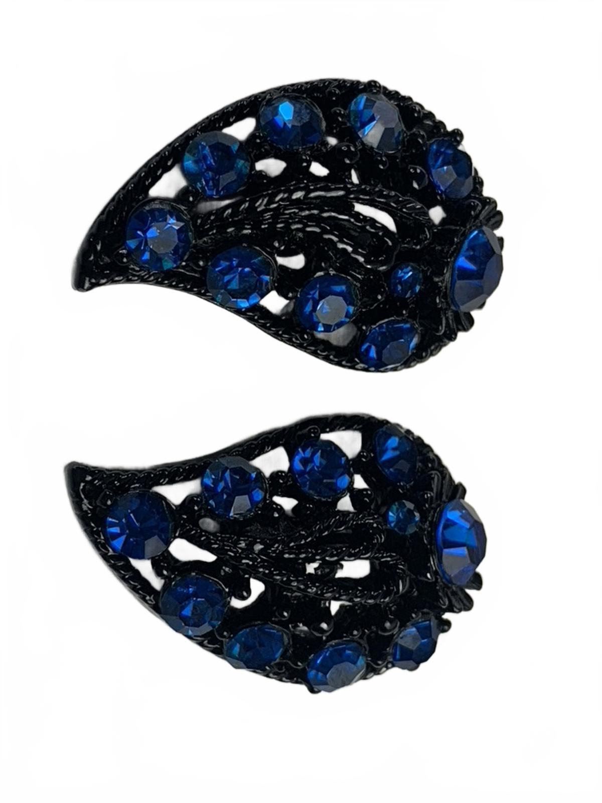 Unsigned Japanned Blue Rhinestone Abstract Leaf Clip-On Brooch