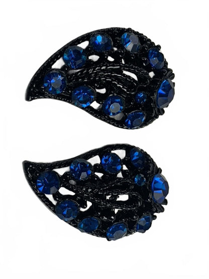 Unsigned Japanned Blue Rhinestone Abstract Leaf Clip-On Brooch
