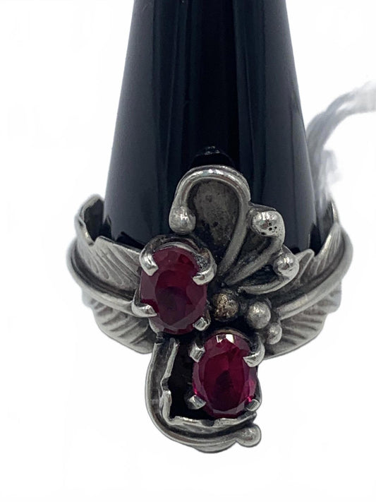 Twin Rubies Set in Sterling Silver Native Floral & Feather Motif Ring (Size 7)