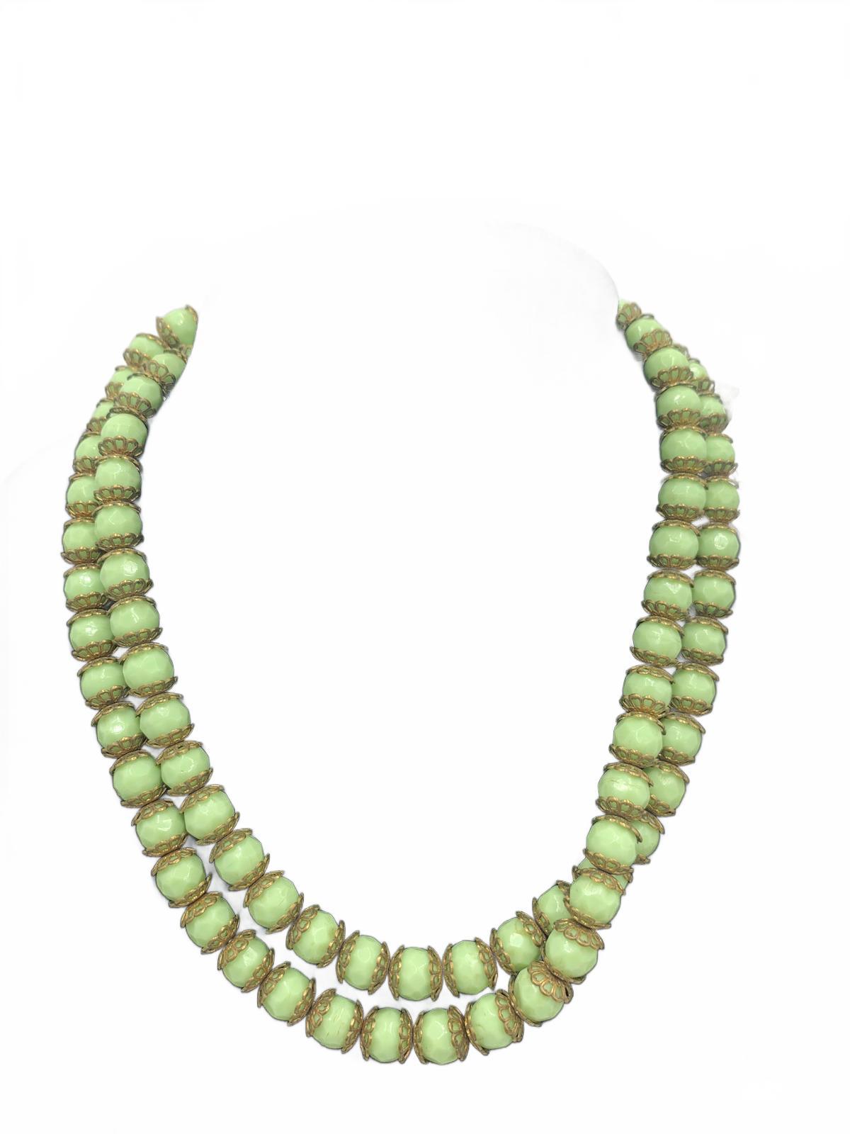Antique Giuliano Fratti Beaded Green Glass Necklace with Brass Findings