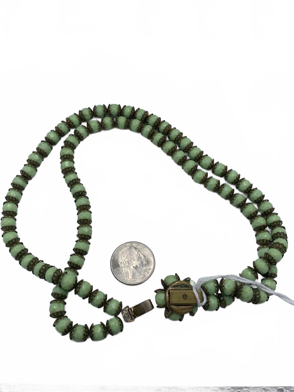 Antique Giuliano Fratti Beaded Green Glass Necklace with Brass Findings