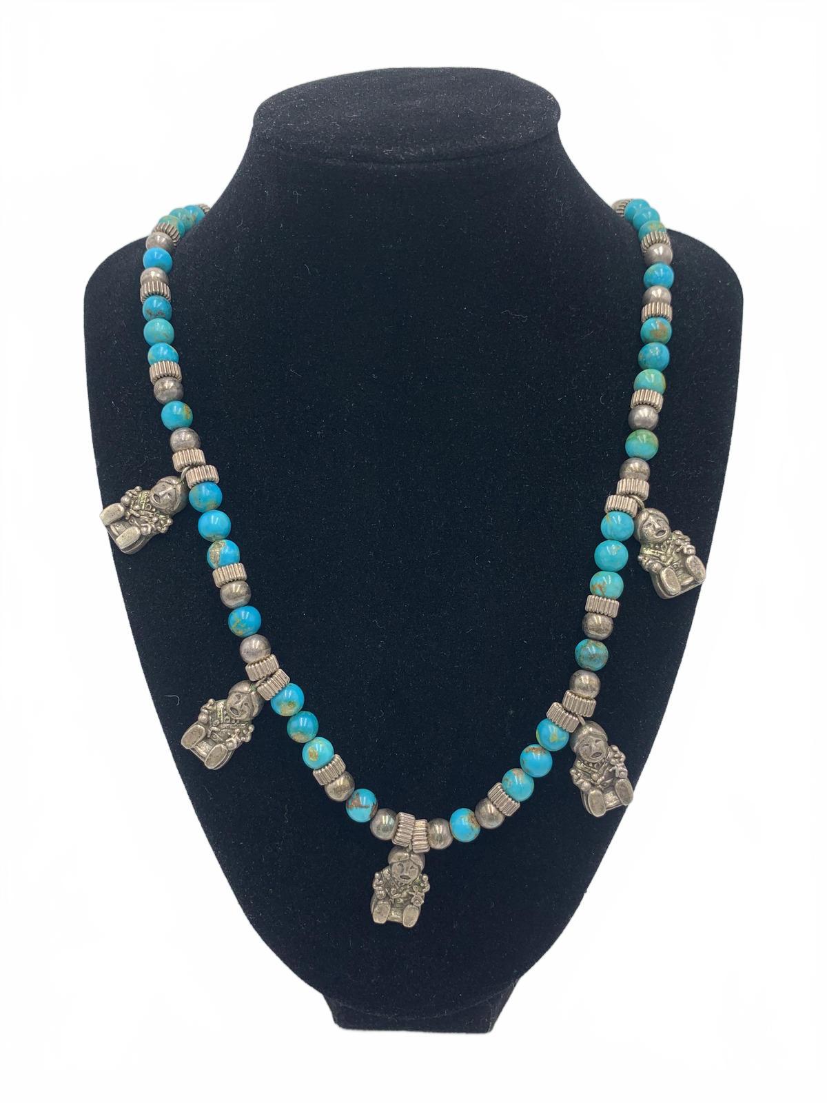 Carol Felley Turquoise Beaded Story Teller Necklace w/Sterling Silver Enhancers