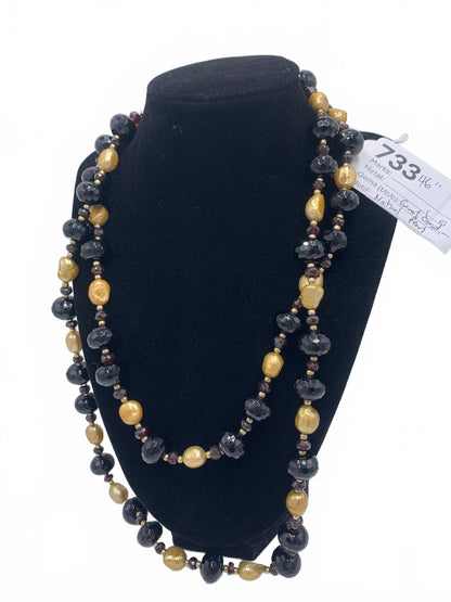 Onyx & Garnet with Natural Freshwater Pearl Beaded Necklace 46" Sterling Silver