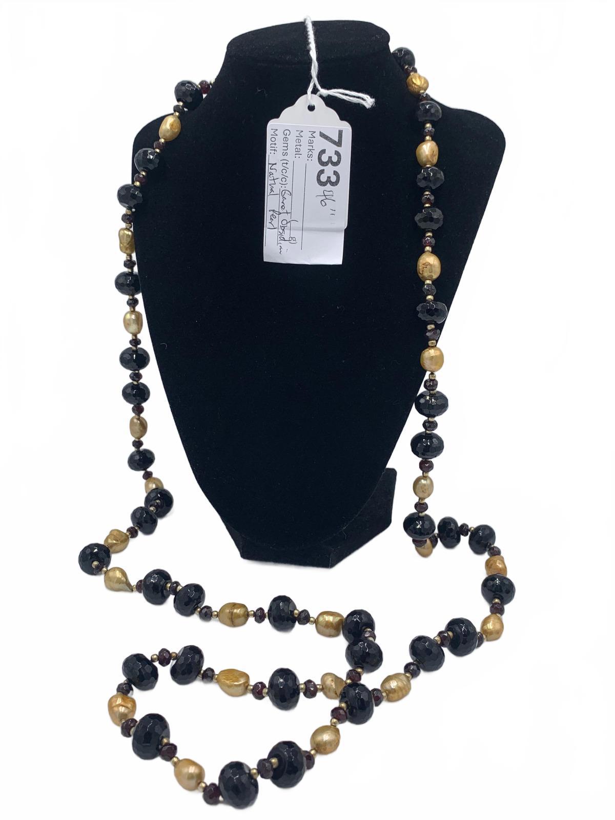 Onyx & Garnet with Natural Freshwater Pearl Beaded Necklace 46" Sterling Silver